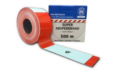 Absperrband rot/weiß 80 mm breit - Druck BAUSTOFFSHOP.DE | 500 m im Abrollkarton