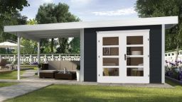Weka Komfort Designhaus 126 Plus A - Holzmassivhaus mit Flachdach und Anbau groß, inkl. hohe Panorama-Doppeltür